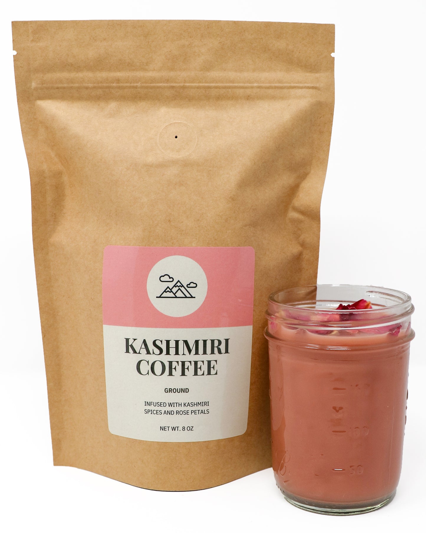 Himalayan Pink Kashmiri Coffee infused with chai spices: cardamom, rose petals, cinnamon, and more